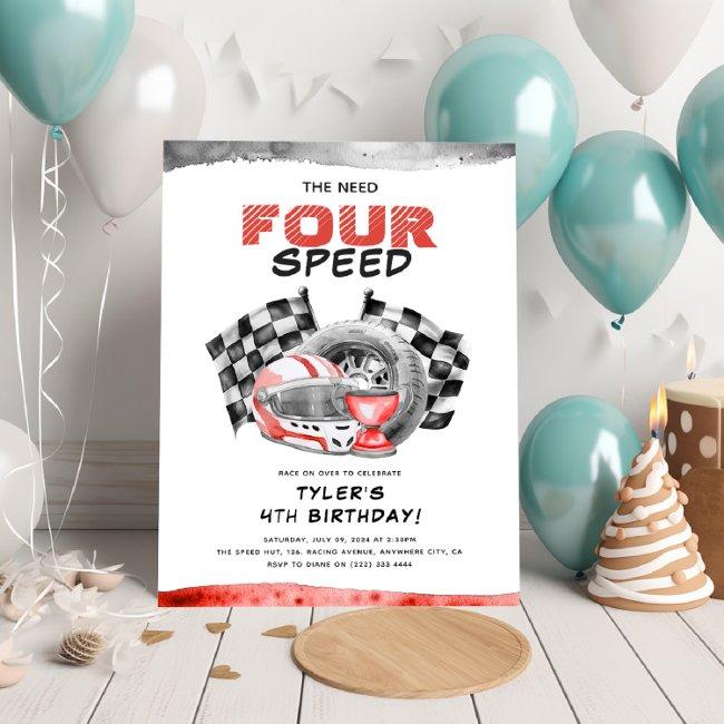 The Need Four Speed Little Racer 4th Birthday Invitation