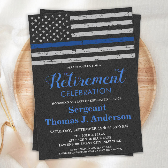 Thin Blue Line Flag Leather Police Retirement Invitation