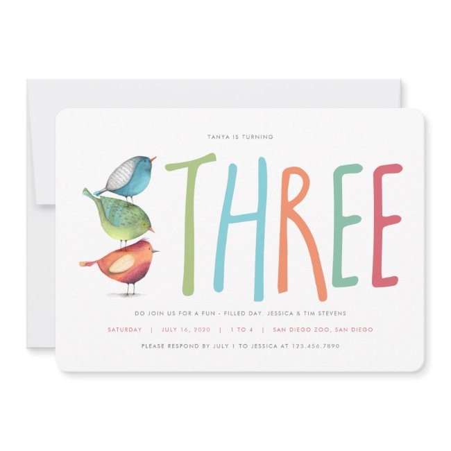 Three Birdie Third Birthday Party Invitation