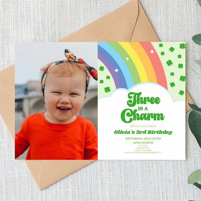 Three Is A Charm Rainbow Clover 3rd Birthday Party Invitation