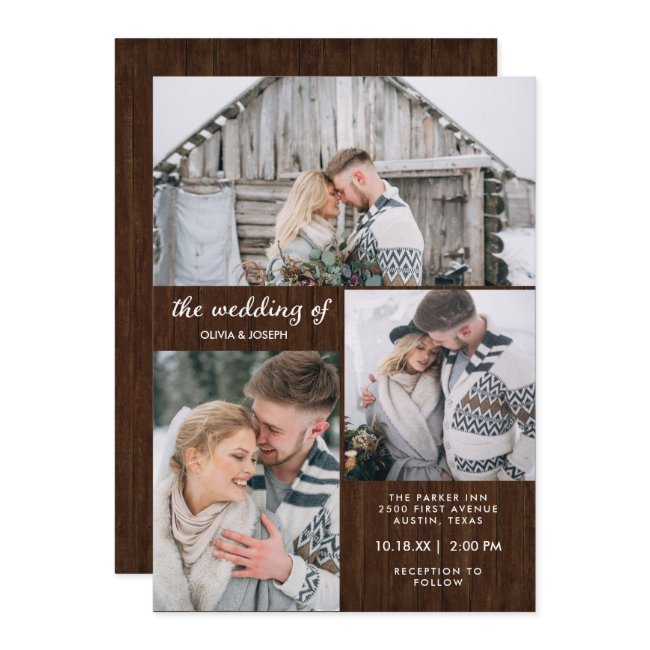 Three Photos On Rustic Wood Look | Wedding Invitation