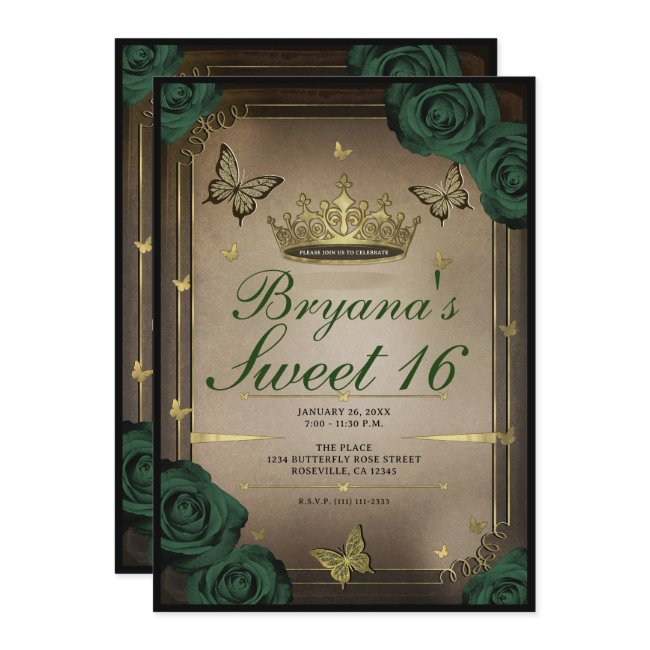 Tiara Butterflies Emerald Green Roses Sweet 16 Invitation