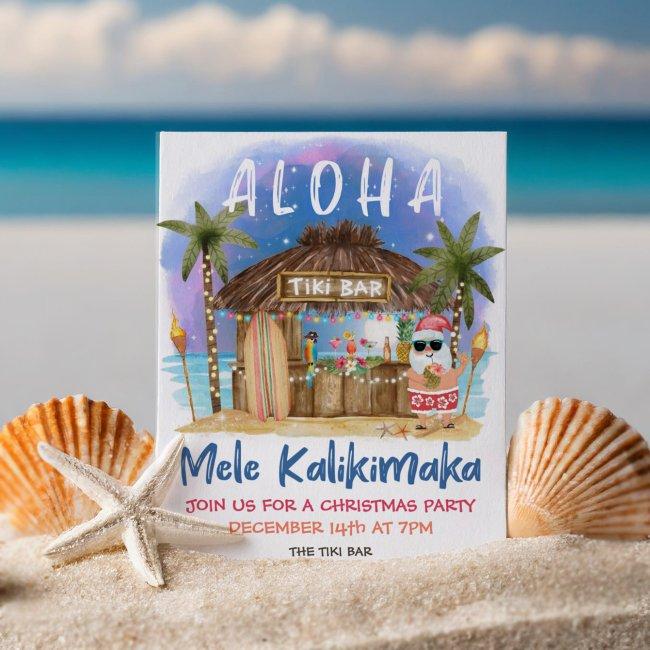 Tiki Beach Bar Tropical Santa Christmas Party Invitation