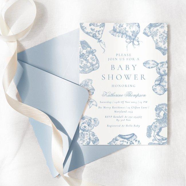 Toile De Jouy Blue Boy Baby Shower Invitation
