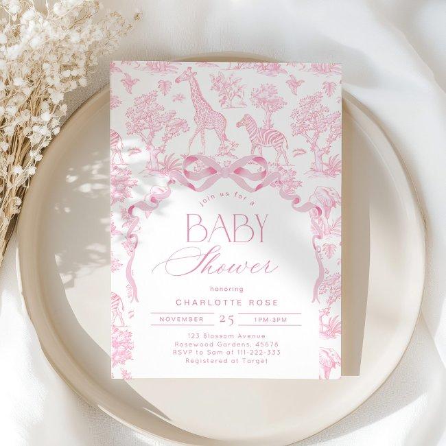 Toile De Jouy Pink Safari Animals Baby Shower Invitation