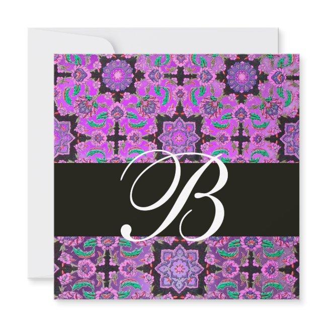 Topkapi Purple Black Damask Monogram Pink Green Invitation