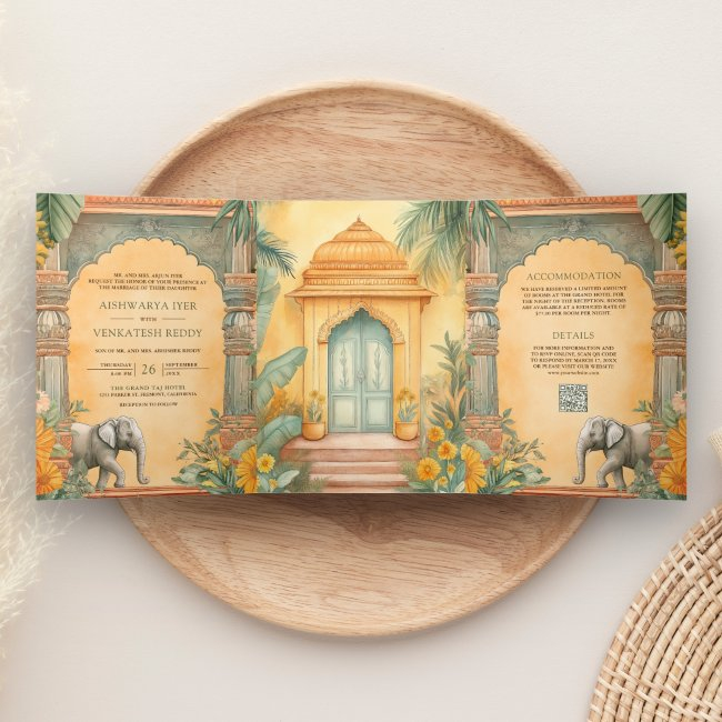 Traditional South Indian Photo Qr Code Wedding Tri-fold Invitation