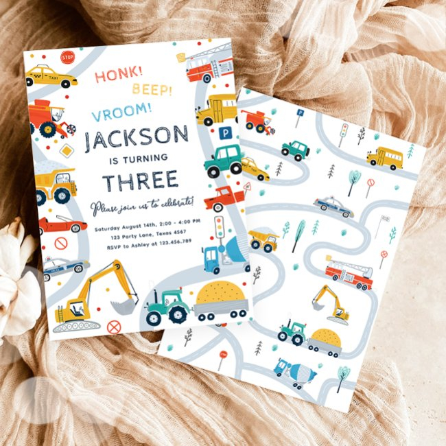 Transportation City Cars And Truck Boy Birthday Invitation
