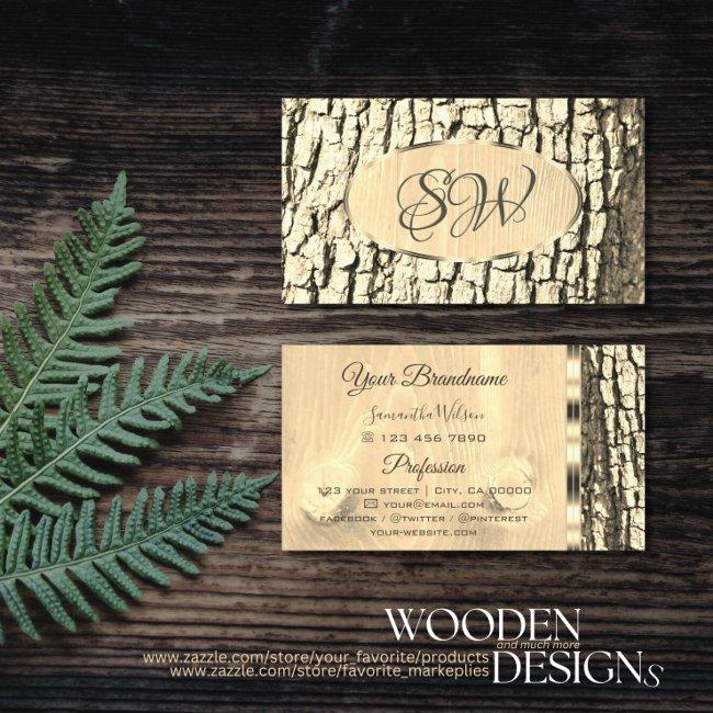 Tree Bark Wood Grain Oval Gold Border And Monogram Business Invitations