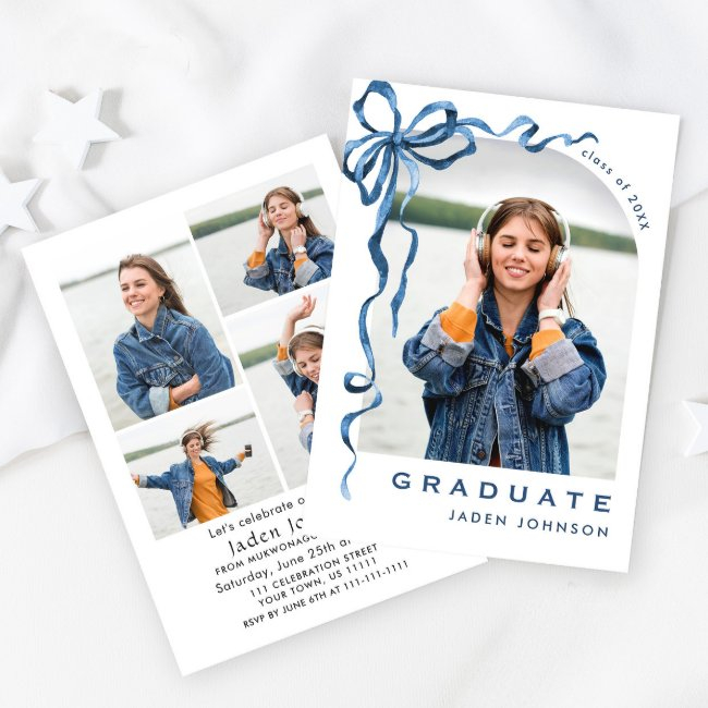 Trendy Blue Bow Ribbon 5 Photo Graduation Party Invitation