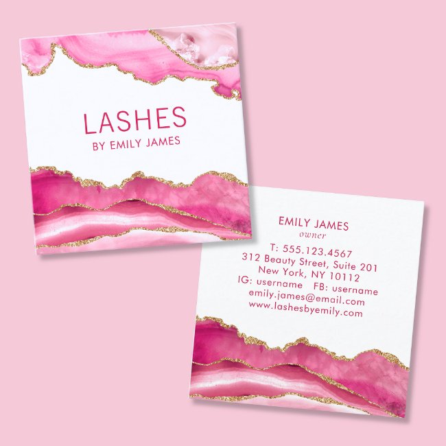 Trendy Modern Pink Agate Lash Extensions Beauty Square Business Invitations