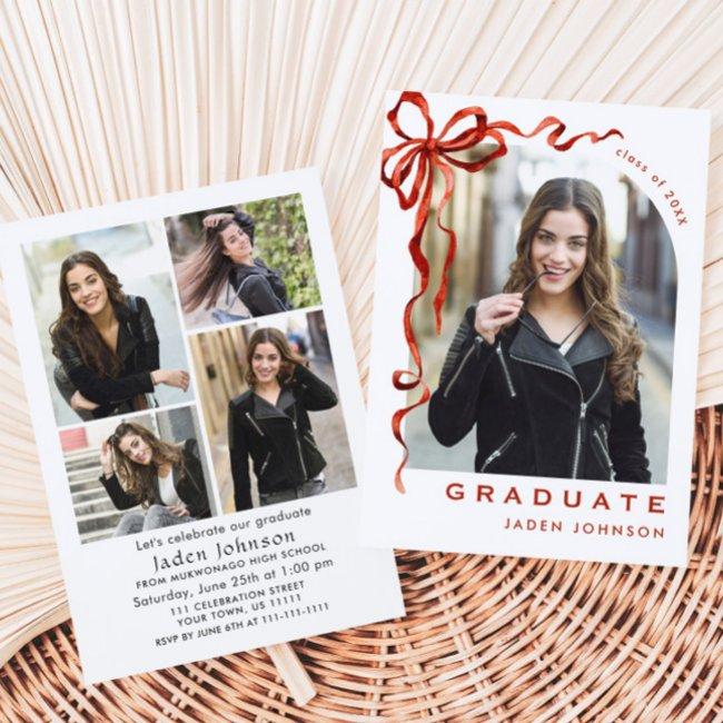 Trendy Red Bow Ribbon 5 Photo Graduation Party Invitation