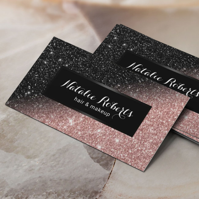 Trendy Rose Gold & Black Glitter Beauty Salon Business Invitations