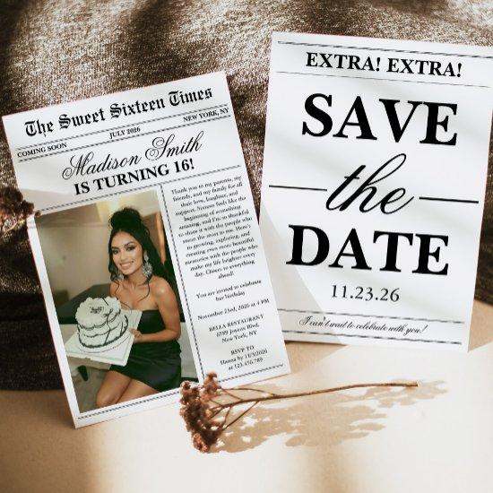 Trendy Unique Newspaper Photo Sweet 16 Invitation