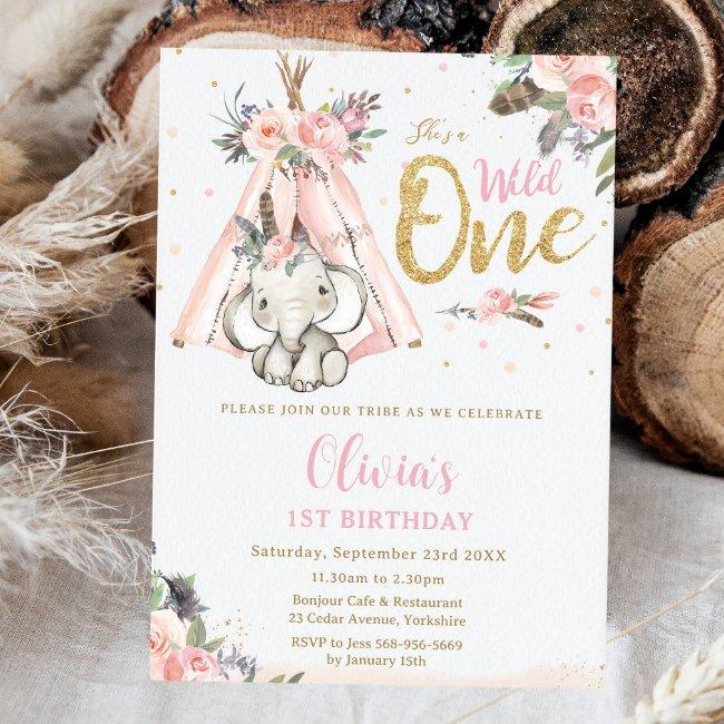 Tribal Boho Elephant Pink Wild One 1st Birthday Invitation