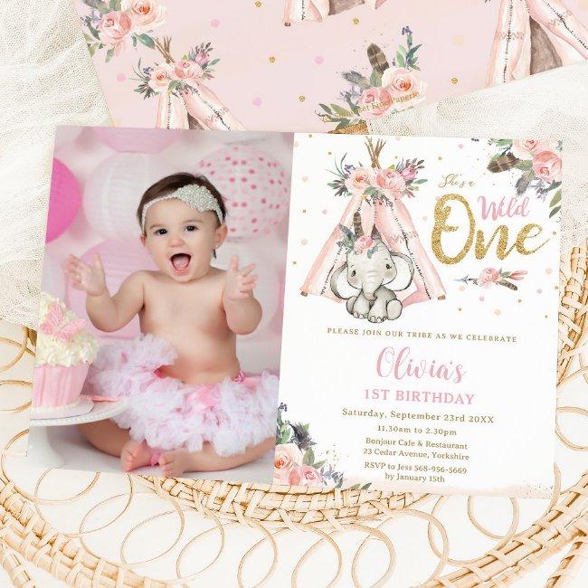 Tribal Boho Elephant Wild One 1st Birthday Picture Invitation