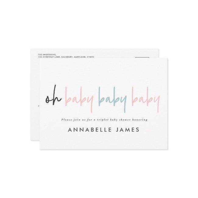 Triplet Baby Shower Pink Blue Modern Typography Invitation