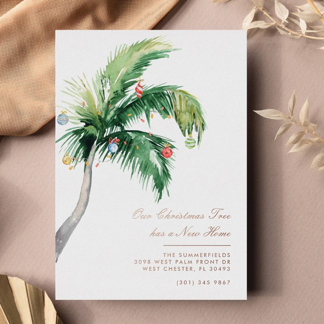 Tropical Christmas Palm Tropical Moving Rose Gold Foil Holiday Invitations