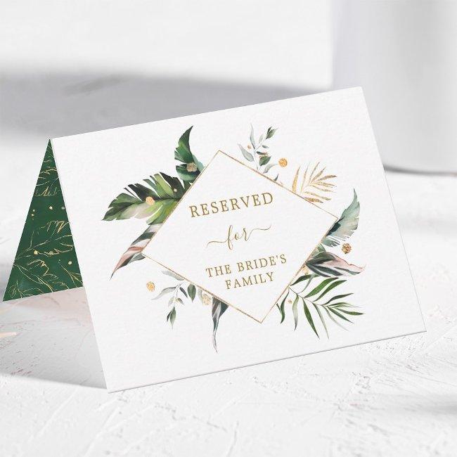 Tropical Foliage Gold Wedding Reserved Tent Sign