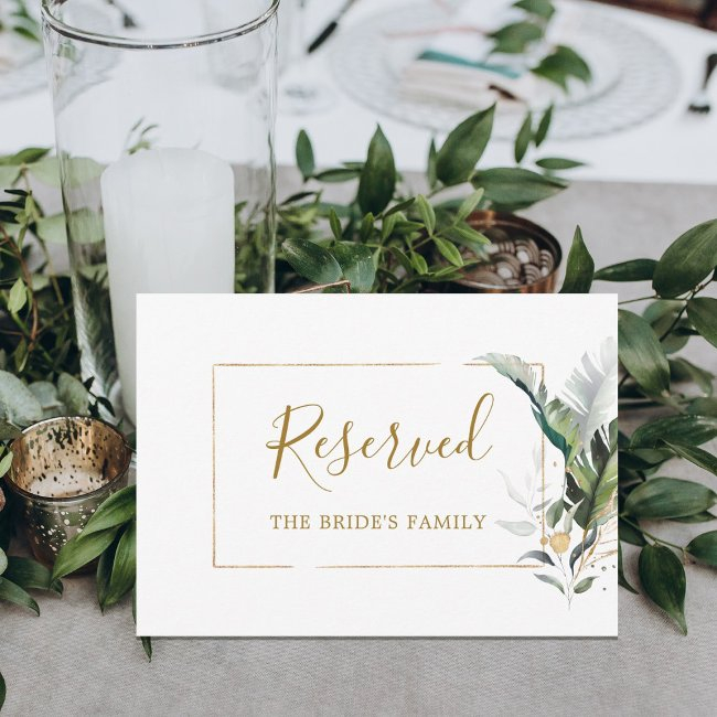 Tropical Foliage Wedding Gold Green Reserved Sign Invitations