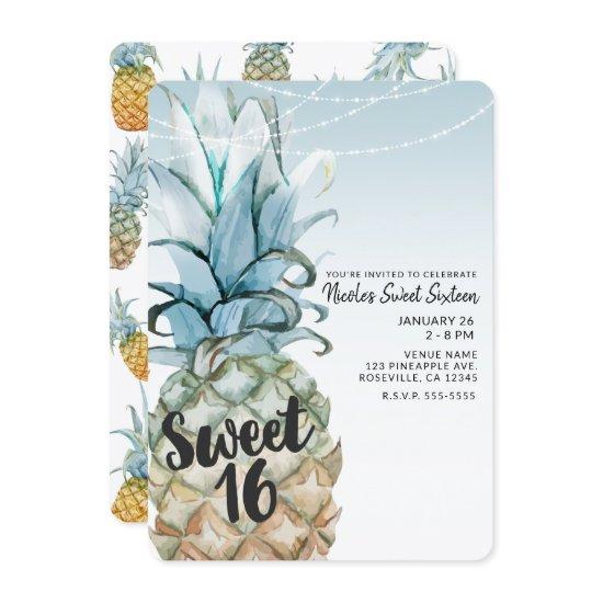 Tropical Pineapple & String Lights Sweet 16 Party Invitation