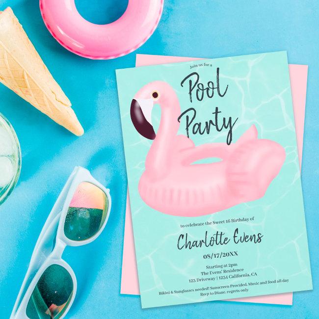 Tropical Pool Party Pink Flamingo Sweet 16 Invitation