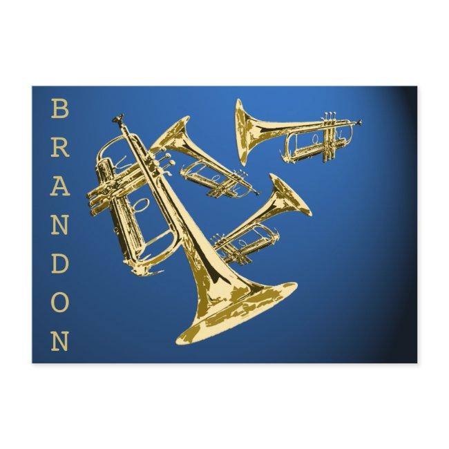 Trumpet Music Gold And Blue Thank You Flat Invitations