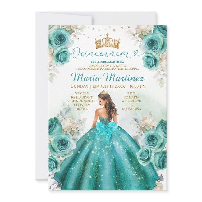 Turquoise Floral Princess Gold Crown Quiñceanera Invitation