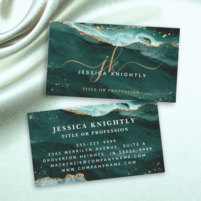 Turquoise Teal Agate Gold Glitter Script Monogram Business Invitations