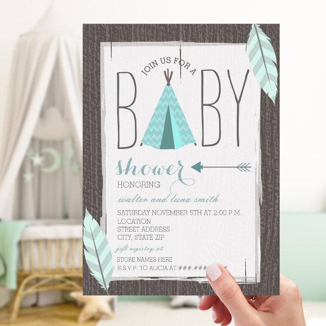 Turquoise Tipi + Feathers Baby Shower Invitation