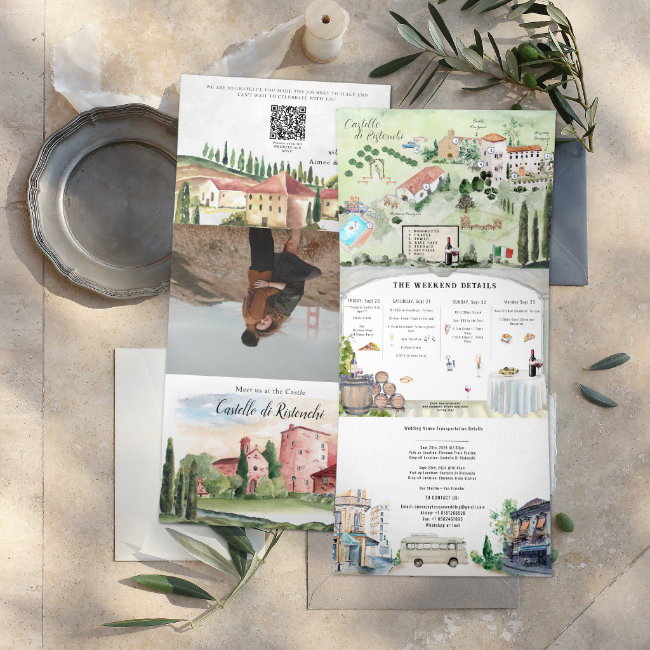 Tuscany Italy | Illustrated Wedding Tri-fold Invitation