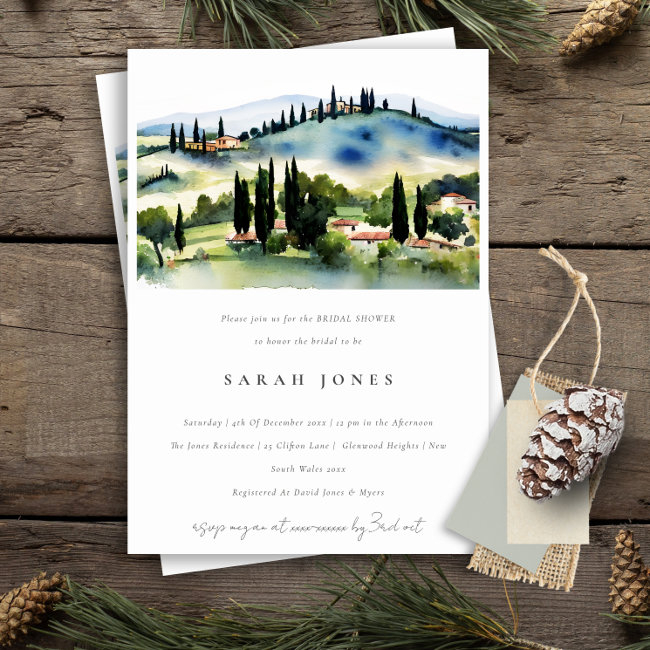 Tuscany Italy Watercolor Landscape Bridal Shower Invitation