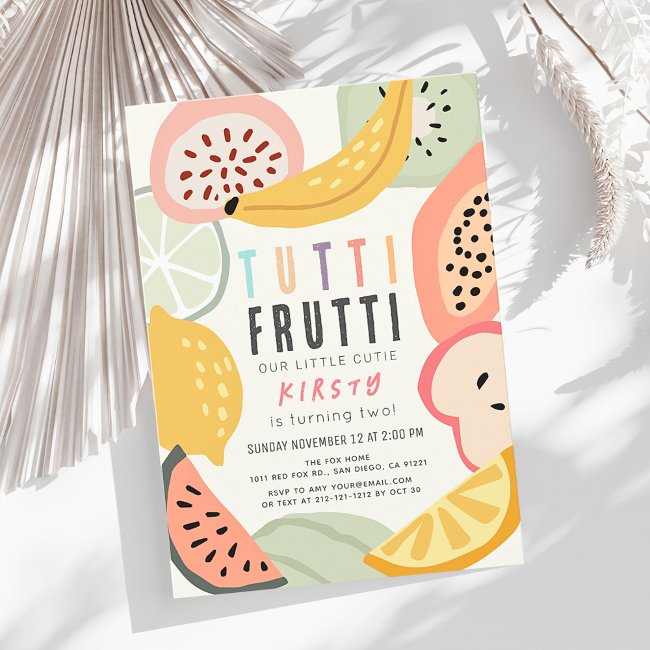 Tutti Frutti Colorful Fruit 2nd Birthday Invitation