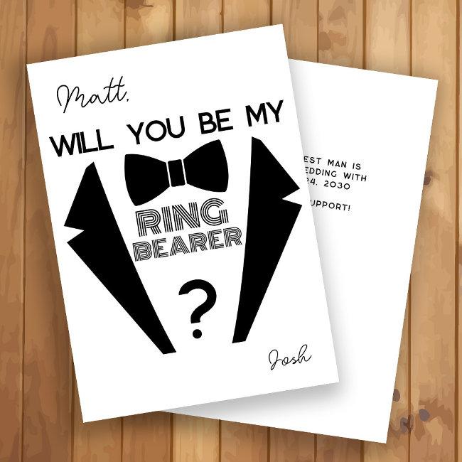 Tuxedo Ring Bearer Black And White Proposal Invitations
