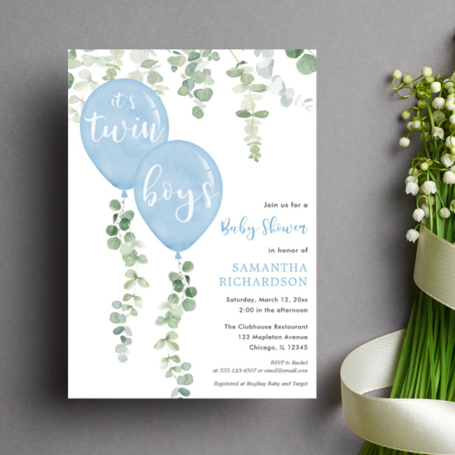 Twin Boys Eucalyptus Blue Balloons Baby Shower Invitation