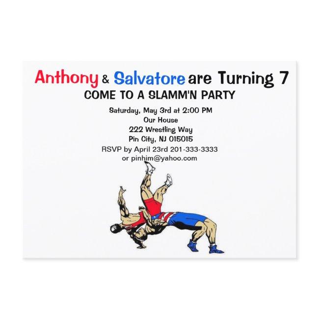 Twin Boys Wrestling Birthday Invitation