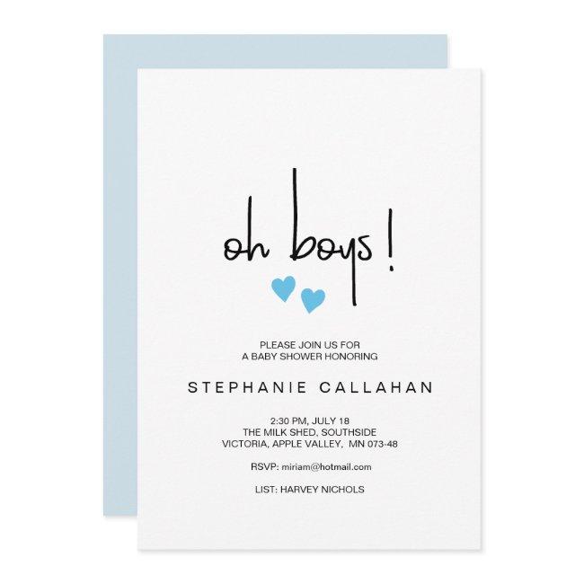 Twin Oh Boys Baby Shower With Two Blue Hearts Invitation