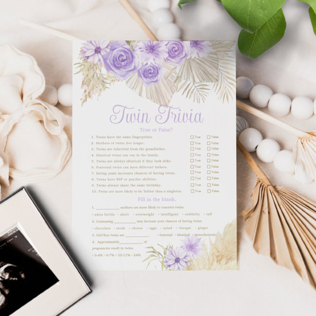 Twin Trivia Game Pampas Lavender Boho Baby Shower Invitation
