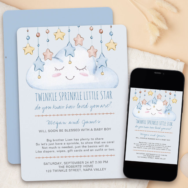 Twinkle Twinkle Stars And Cloud Boy Baby Sprinkle Invitation