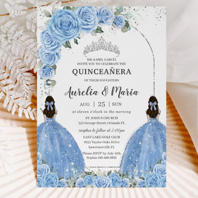 Twins Bahama Blue Floral Dress Silver Quinceañera Invitation