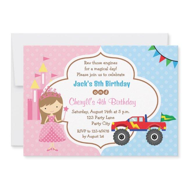 Twins Birthday Invitations Princess Monster Truck