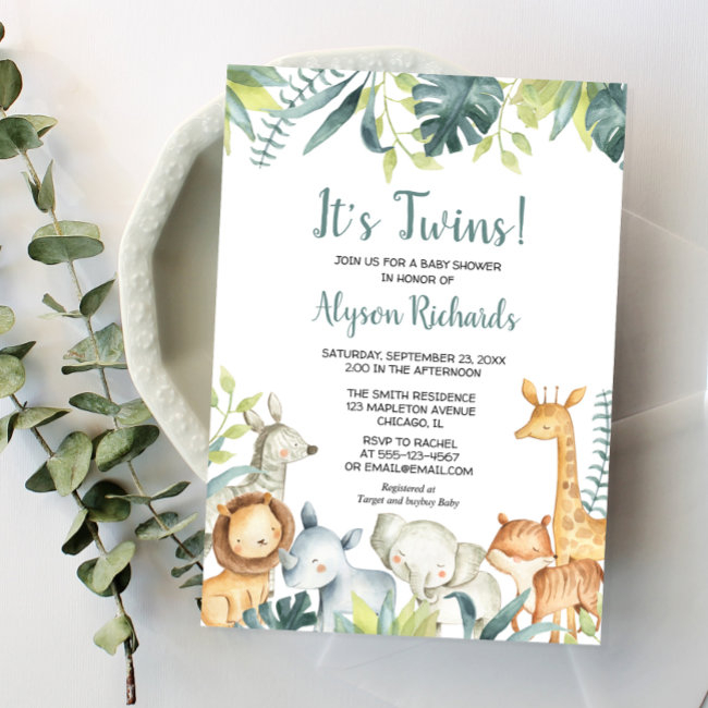 Twins Gender Neutral Safari Animals Baby Shower Invitation