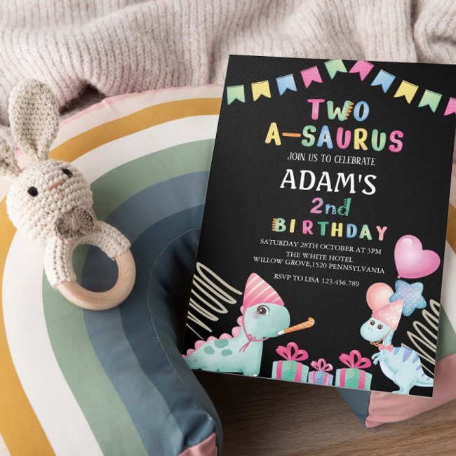 Two-a-saurus 2nd Birthday Black Party Dinosaur Invitation