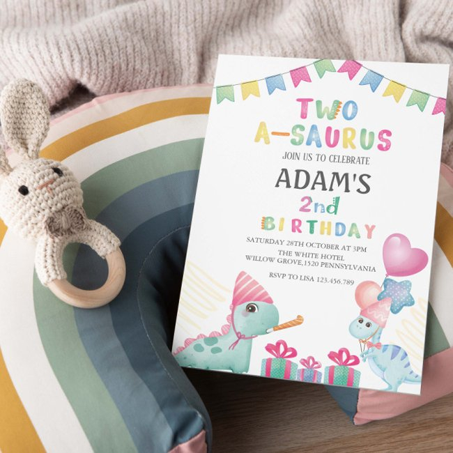 Two-a-saurus 2nd Birthday Party Two Blue Dinosaur Invitation