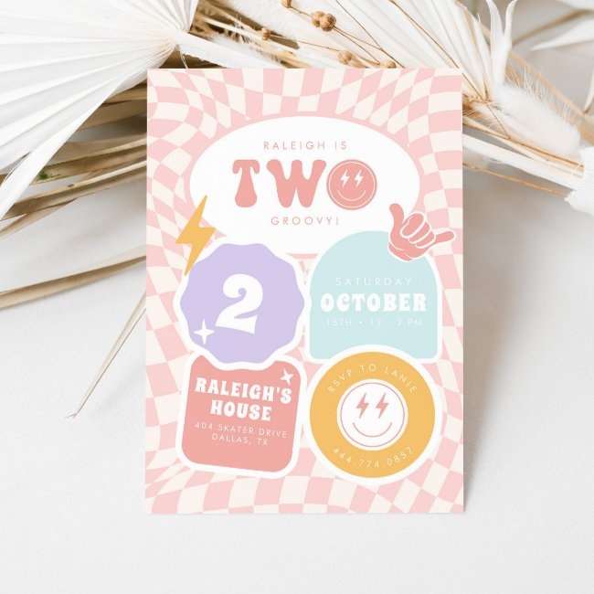 Two Groovy | Girls 2nd Retro Skater Birthday Invitation