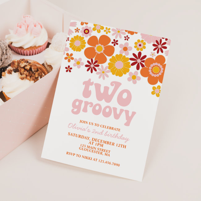 Two Groovy Retro Floral 2nd Birthday Invitation