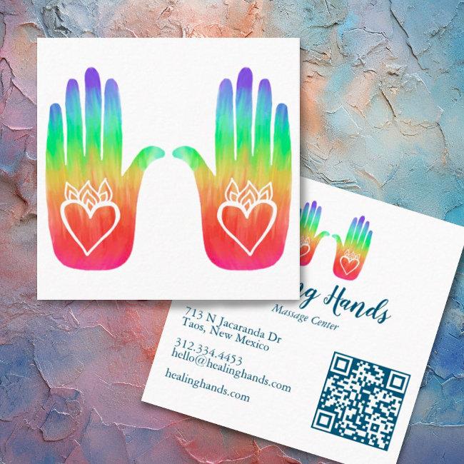 Two Healing Hands Hearts Hamsa Rainbow Qr Code Square Business Invitations