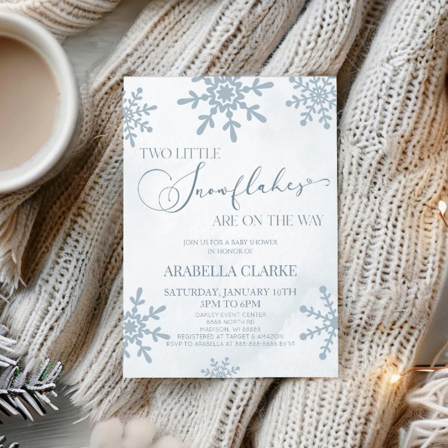 Two Little Snowflakes Winter Twins Baby Shower Invitation