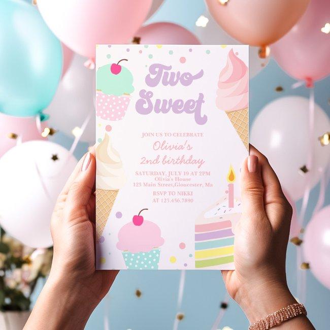 Two Sweet Ice Cream And Cake 2nd Birthday Invitation