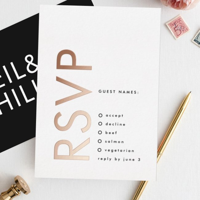 Ultra Modern Bold Names 2 X Rsvp Rose Gold Foil Invitation